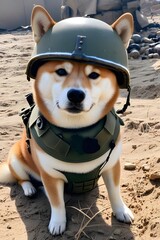 Shiba Inu dog in world war 3 wearing protection armor. survival for fittest. Generative AI