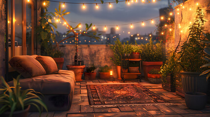 View over cozy outdoor terrace with outdoor string lights. Autumn evening on the roof terrace of a beautiful house with lanterns, digital ai art