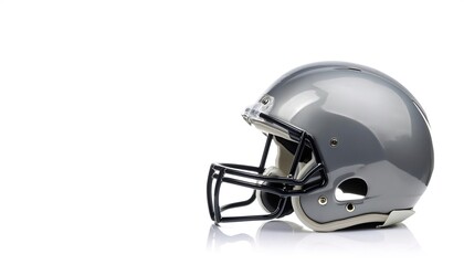 Fototapeta premium Grey Football helmet is a piece of head protective equipment from hard hits, concussions, injuries used mainly in American football and Canadian football. isolated on white background with copy space