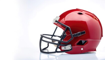Fototapeta premium Red Football helmet is a piece of head protective equipment from hard hits, concussions, injuries used mainly in American football and Canadian football. isolated on white background with copy space