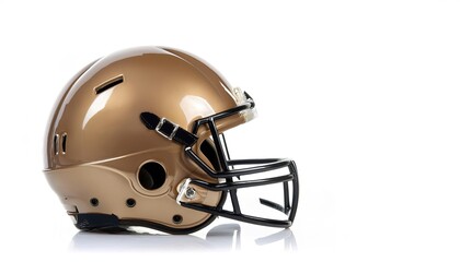 Naklejka premium Gold Football helmet is a piece of head protective equipment from hard hits, concussions, injuries used mainly in American football and Canadian football. isolated on white background with copy space