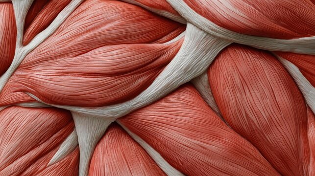 Close-up of human muscle structure showcasing detailed fibers and textures in red and white tones for educational use.