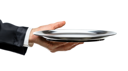 Hand waiter with tray on transparent background
