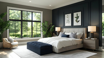 A modern bedroom with a large window, a comfortable bed, and a cozy armchair. The room is decorated with plants, lamps, and artwork.