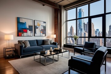 Obraz premium Stylish Urban Loft Studio Featuring Modern Canvas Art and Elegant Furniture
