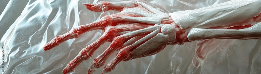Aufkleber Close-up of a skeletal hand model, showcasing intricate bone structure and anatomical details in a clinical setting.