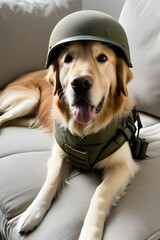 Golden Retriever  dog in world war 3 wearing protection armor. survival for fittest. Generative AI
