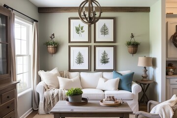 Fototapeta premium Framed Artwork in a Serene Farmhouse Living Room Nook with Rustic Decor