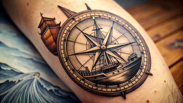 Giant compass tattoo with boat underneath, symbolizing direction and adventure, compass, tattoo, design, nautical