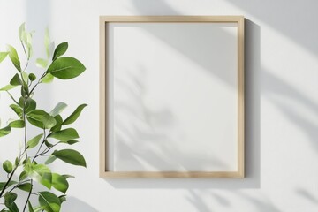 Mockup of a square wooden frame on a minimalist white wall with a green plant branch enhancing the natural decor