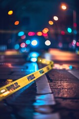 Crime Scene Tape in the Foreground with a Blurred Nighttime Street Background