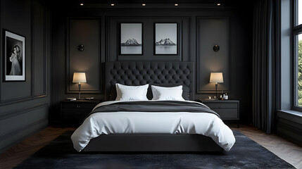 A modern bedroom with a plush tufted headboard, black walls, and a large window.