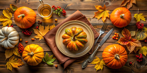 AI generated autumn themed background featuring pumpkins, fall leaves, and a festive table setting