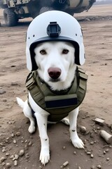 white dog in world war 3 wearing protection armor. survival for fittest. Generative AI