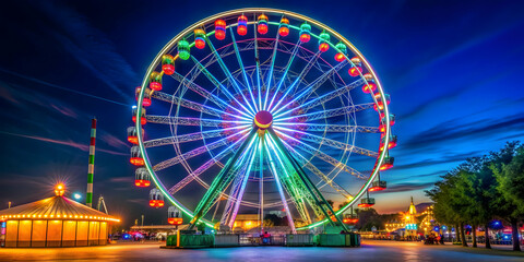 Ferris wheel in amusement park at night, amusement park, attraction, carnival, entertainment, fair, ride, lights, colorful, evening