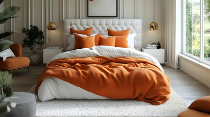 A modern bedroom with a white bed, orange bedding, and a large window. There is a plant in the corner and two bedside tables with lamps.