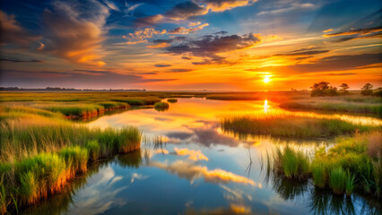 Sunset over marsh in art on background, sunset, marsh, art,tranquil, nature, landscape, colorful, peaceful, water, reeds