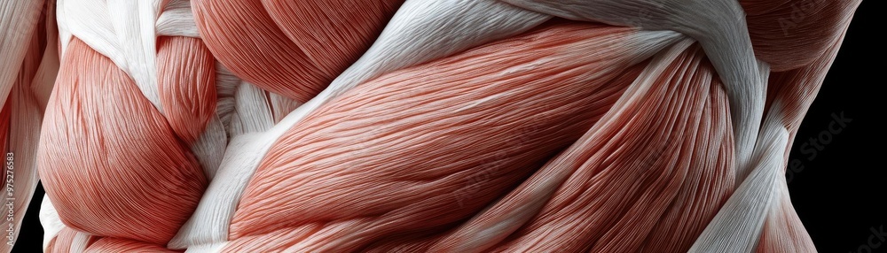 Poster detailed close-up of human muscle structure showcasing intricate fibers and tissues in realistic ana