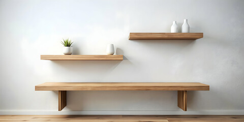 Wooden shelves against a white wall backdrop for displaying products , wood, shelves, white wall, backdrop, display