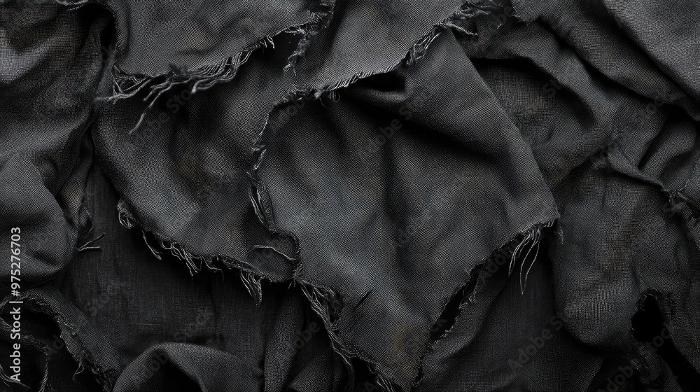 Poster Textured black fabric with frayed edges, showcasing a pattern of folds and softness, ideal for backgrounds and textile design.