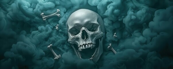 Skull with missing jaw, lying in the center of a dark, swirling mist, bones scattered nearby, skull bone darkness, haunting atmosphere