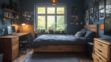 A modern bedroom with a wooden bed, desk, and a large window with a view of autumn trees.