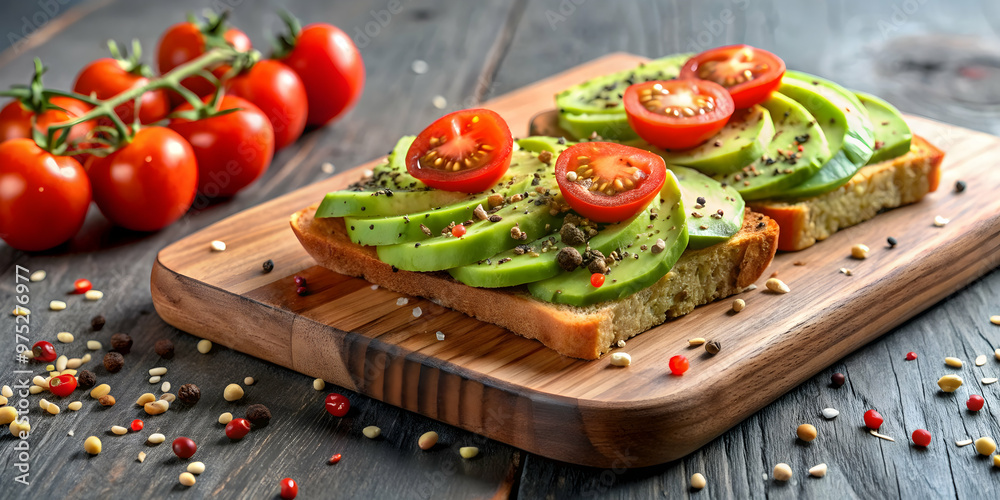 Wall mural Freshly made avocado toast served on a wooden board with a side of sliced tomatoes and a sprinkle of black pepper, avocado, toast