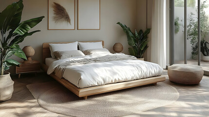 A modern bedroom with a wooden bed, white bedding, and a woven rug. There are two plants in the room, and a large window overlooking a patio.