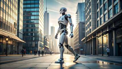 Human-like robot walking in city center, robot, artificial intelligence, technology, futuristic, urban, downtown, android