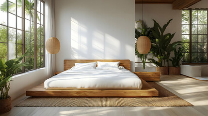 A modern bedroom with a wooden platform bed, white linens, and large windows overlooking a tropical garden.
