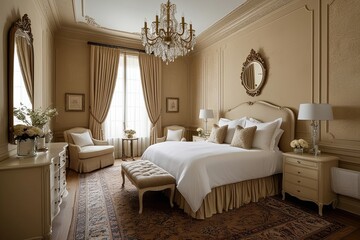 Fototapeta premium Luxurious Beige Boudoir with Retro Textures and Stylish Area Layout