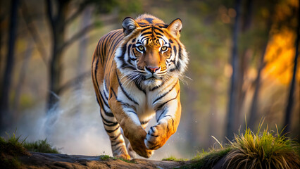 Obraz premium Majestic photo of a tiger in a powerful stride , tiger, majestic, grace, powerful, beauty, moment, wild, predator, carnivore