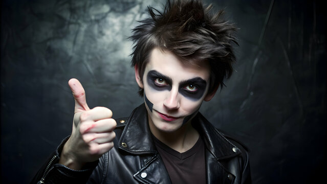Punk goth teen boy with spooky make-up giving thumbs up gesture, teenager, portrait, make-up, punk, goth, black