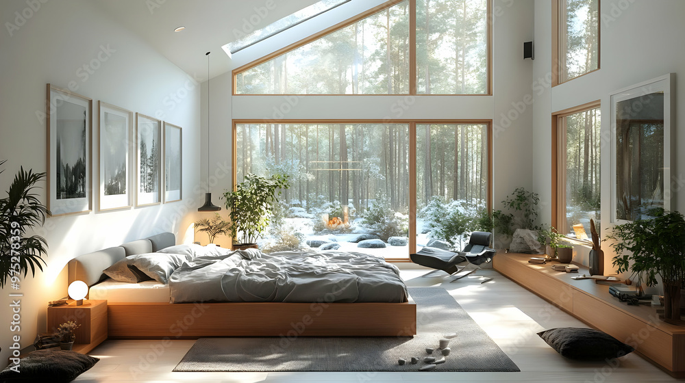 Wall mural A modern bedroom with large windows overlooking a snowy forest