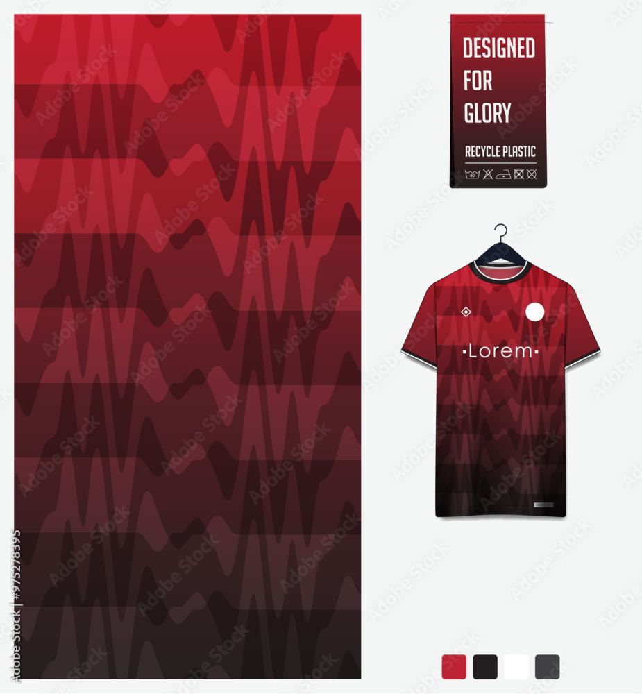 Sticker soccer jersey fabric textile pattern design for football kit, sport t-shirt mockup for football club. Uniform front view. Abstract pattern for sport background. Wave pattern.