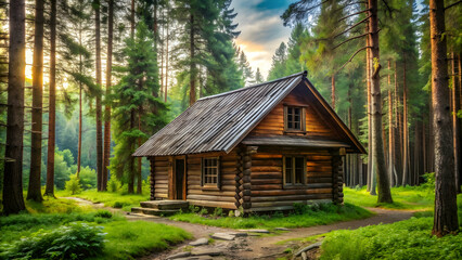 Fototapeta premium Rustic wooden house in the forest , cabin, cozy, home, nature, retreat, timber, wood, architecture, cottage