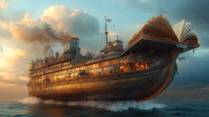 Fototapeta premium Steampunk Book Ship Sailing Into the Sunset