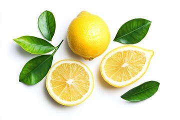 lemon with slice and green leaves isolated on white background. clipping path, ai