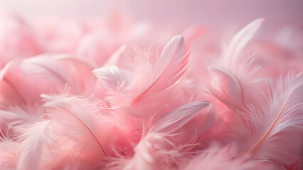 Obraz premium Closeup of soft pink feathers in pastel colors on a pink background, vintage, trends, abstract, background, soft, pink