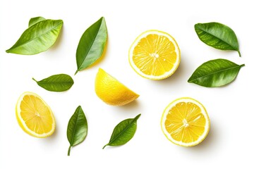 lemon with slice and green leaves isolated on white background. clipping path, ai