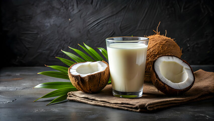 Glass of coconut milk and coconuts on dark background , coconut milk, coconuts, vegan, dairy-free, healthy, drink