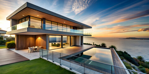 Fototapeta premium Modern house exterior with stunning sea view , modern, house, exterior, sea, ocean, view, architecture, design