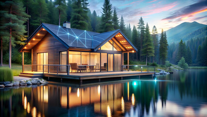 Fototapeta premium Serene lakeside cabin with smart home technology and holographic decor, serene, lakeside, cabin