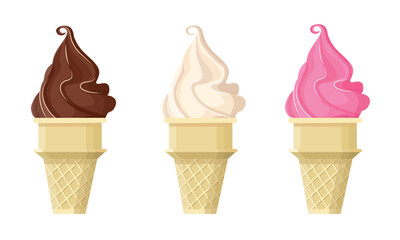 Set of ice cream cones in vanilla, strawberry, and chocolate flavors. 
