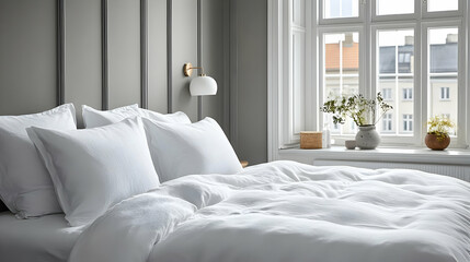 A pristine white bed with fluffy pillows and a white duvet cover, set against a gray wall with a large window in the background, allowing natural light to illuminate the room.
