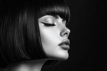 Fototapeta premium A woman with a sleek bob haircut showcases shiny hair, posing elegantly against a dark backdrop in a contemporary style shoot