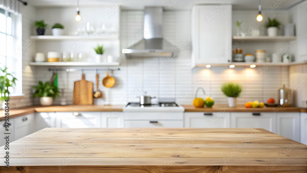 Wall mural Blurred kitchen background with white table, kitchen, blurred, background, white, table, interior, defocused, cooking, home