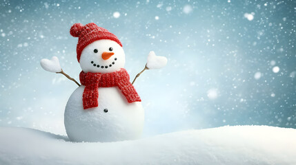 Fototapeta premium Happy snowman with a red scarf, arms raised in joy as snow falls, standing on snow under a bright winter sky