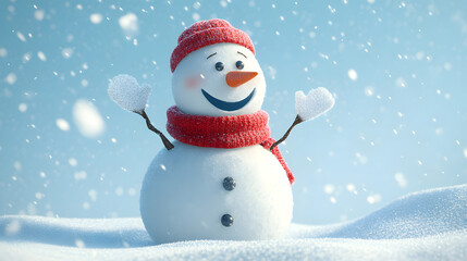 Fototapeta premium Cheerful snowman in a red knitted scarf, arms raised as snow gently falls, creating a festive winter holiday scene