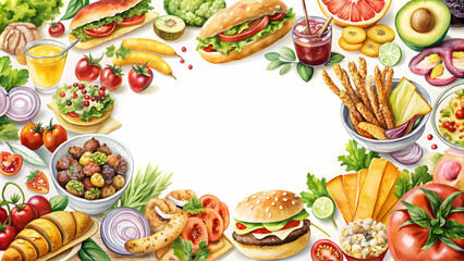 Watercolor of a collection of appetizing foods, watercolor, collection, assorted, food, fruits, vegetables, delicious, colorful